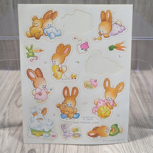 Vintage 1984 Hallmark Scratch-n-Sniff Bunny Stickers Baby Powder Scent - Picture 1 of 3